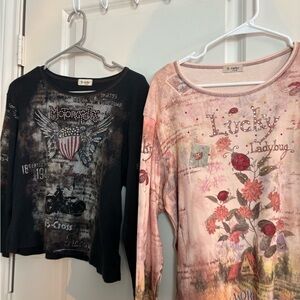 Cactus Long Sleeve Rhinestone Tee Lot of 2 - Black and Cream